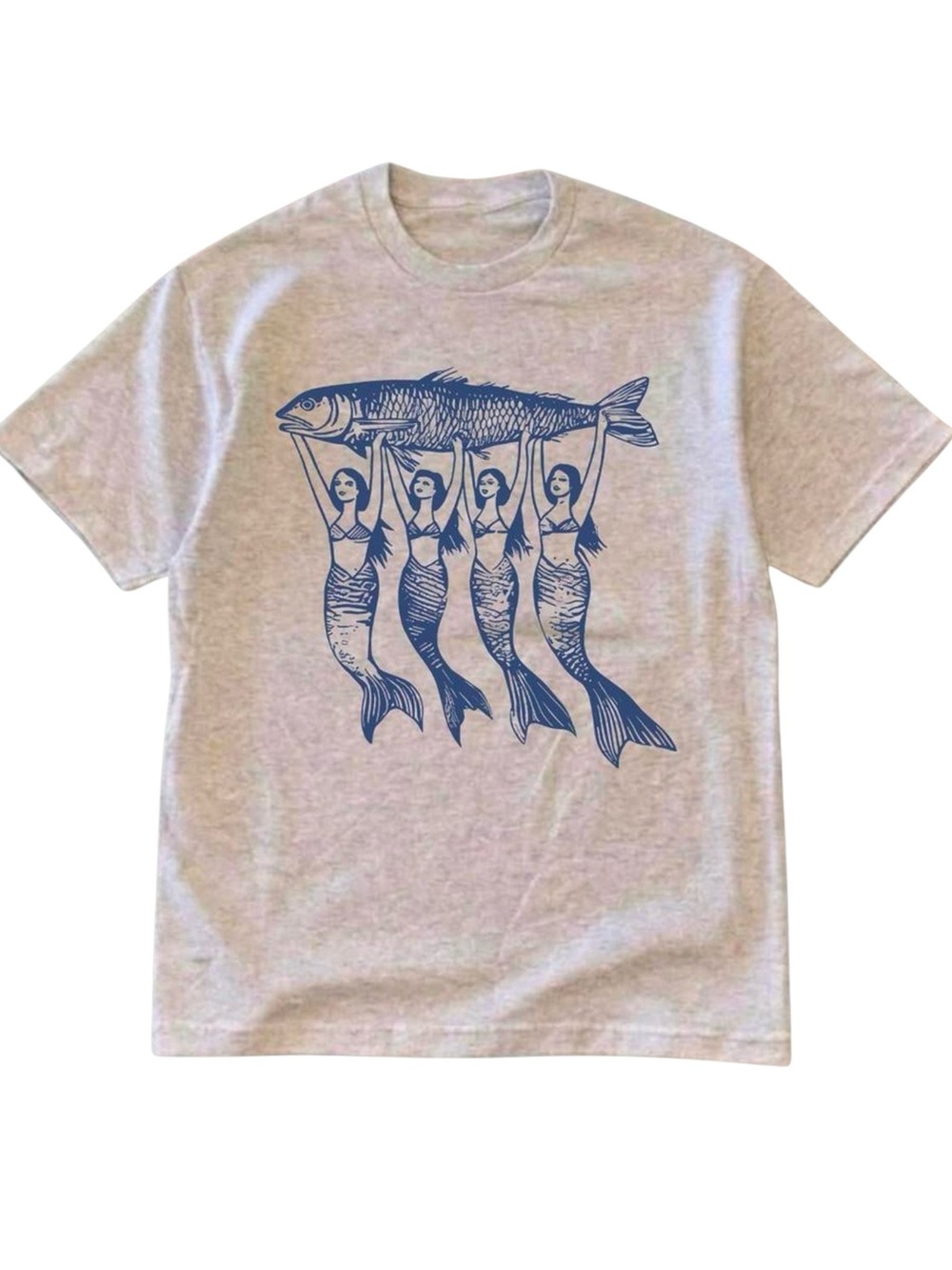 Sirencore Mermaids Holding Giant Fish Nautical Grey Graphic Tee
